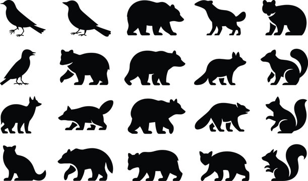 Forest wildlife silhouette collection featuring bears birds raccoons and squirrels on white back