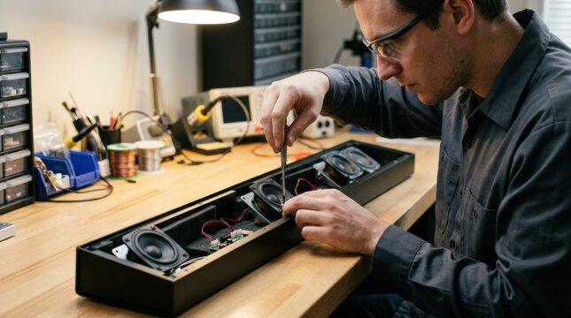 Technician carefully installs angled drivers inside slim TV soundbar enclosure focusing on precision and sound optimization for wallmounted audio setups.