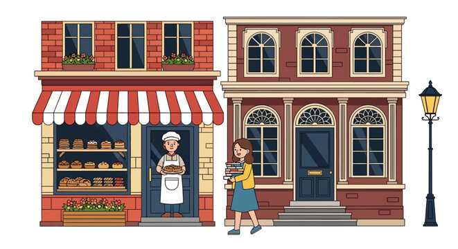 Two detailed brick buildings, one a bakery with a baker, the other a shop with a woman walking by, and a street lamp illustration.