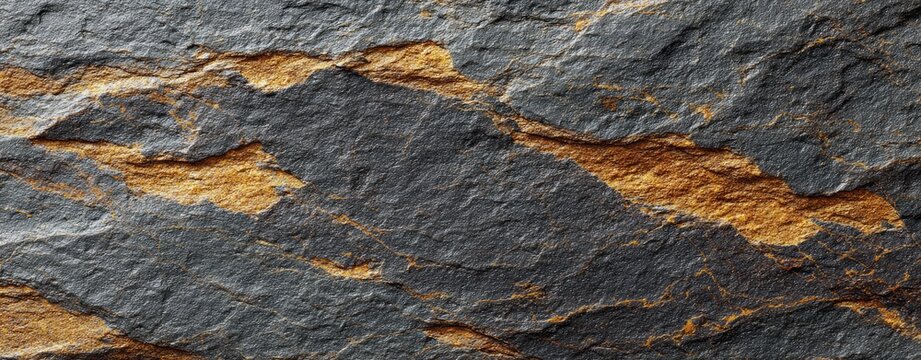 Close-up texture of rough dark grey slate interwoven with thin veins of golden-brown mineral
