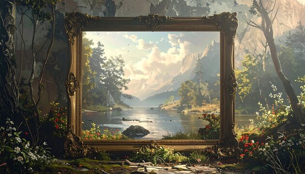 A large golden frame holds a painting of a serene lakeside landscape surrounded by lush greenery and towering mountains