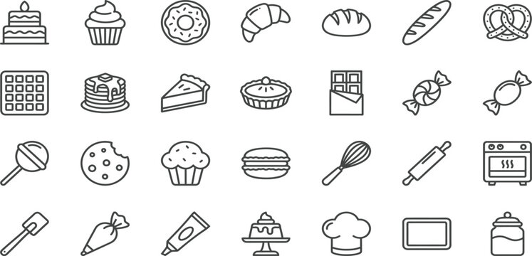 Bakery and pastry icon set: cake cupcake donut croissant bread pie