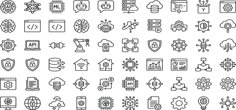 Technology and AI icon set: brain chip cloud code network security
