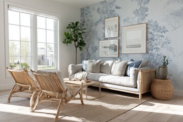 Fototapeta premium Minimalist farmhouse interior in white and blue tones with framed wall decor and natural textures