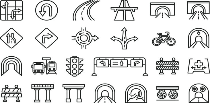 Road and transport icons set outline vector with traffic light, transport