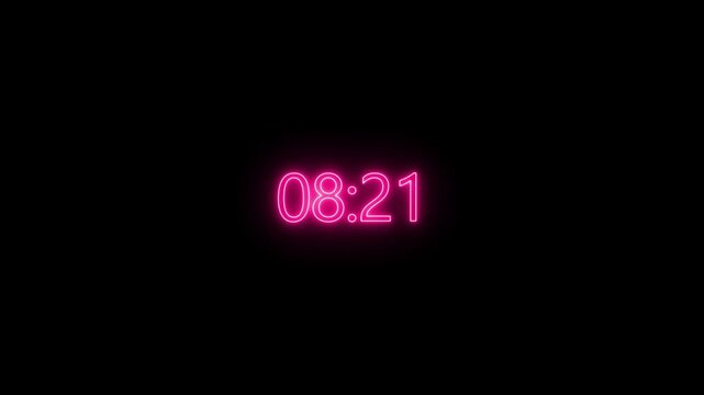 Neon pink digital clock display counting seconds in dark background.