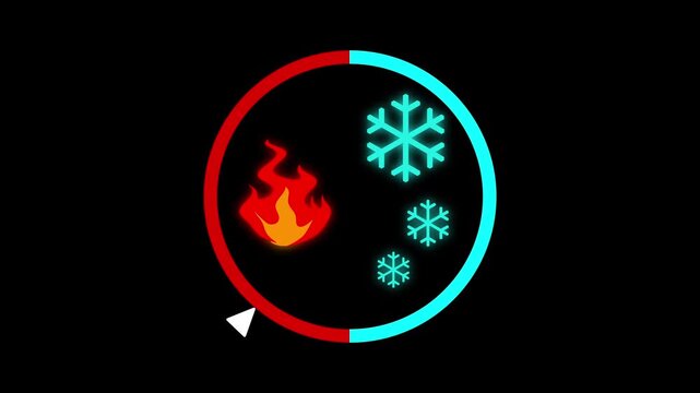 A circular dial control with flame and snowflake icons showing hot and cold temperature settings with a glowing ring border