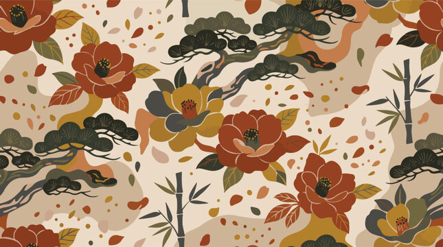 Japanese traditional seamless pattern with camellia flowers, pine trees and bamboo vector illustration