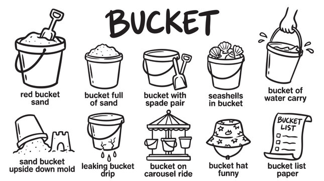 Bucket hand-drawn illustration set showing various types of buckets, including sand buckets, water buckets, and a bucket list.