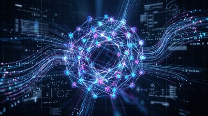 Obraz premium Abstract digital network with glowing nodes and data streams representing AI, big data, and advanced technology concepts.
