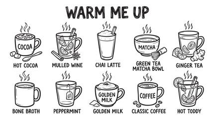 Fototapeta premium Warm beverages vector icons set featuring coffee and tea mugs.