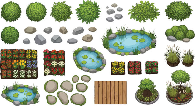 Garden landscape design elements set with ponds bushes flowers stones and wooden path in top view vector