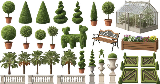 Garden landscaping elements set with topiary trees, greenhouse, park bench, and decorative stone balustrades in vector illustration