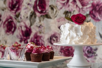 Fototapeta premium Elegant white cake and cupcakes with berry decoration on floral patterned background