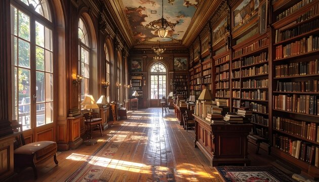 A large, luxurious library with tall windows, built-in bookshelves, and a beautifully painted ceiling. The space is filled with sunlight