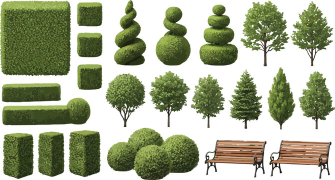 Set of garden landscaping elements including trimmed hedges, topiary trees, various deciduous trees, and wooden park benches