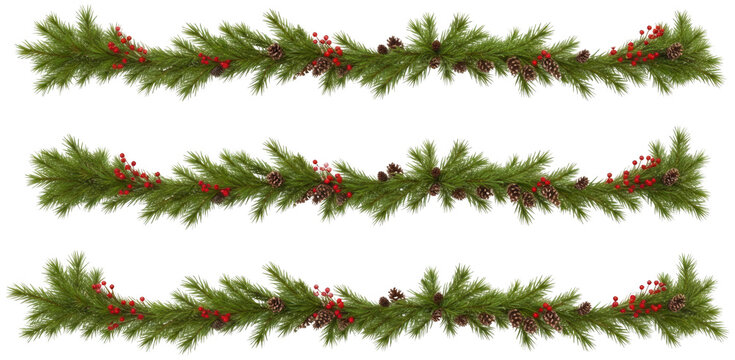 Green pine Christmas garland borders with red berries and pinecones isolated transparent background image
