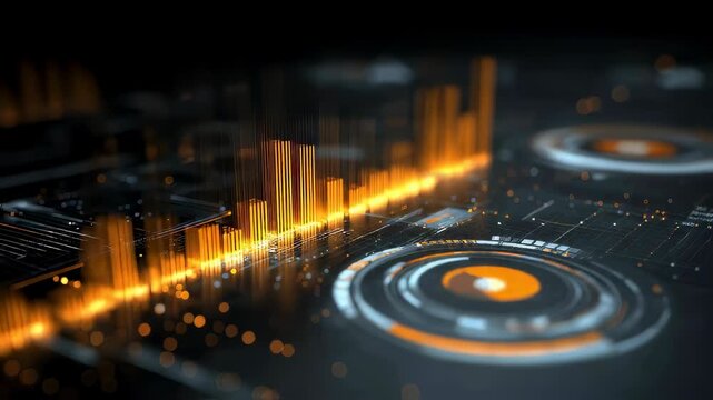3D infographics for business presentation with neon glowing charts, bars and pie diagrams.