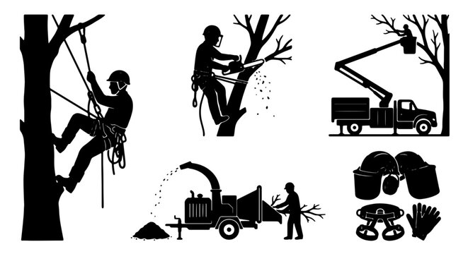 Arborist Tree Care Icons: Climber, Chainsaw Pruning, Bucket Truck, Wood Chipper, Safety Gear Set, Arboriculture Services
