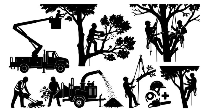 Arborist Silhouettes, Tree Care Professionals, Arboriculture Services, Wood Chipper, Bucket Truck, Lawn Mower, Safety Gear, Vector Icons