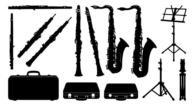 Black Silhouette Musical Instruments Collection, Woodwinds, Saxophones, Cases, Music Stands, Vector Graphics for Performance and Education