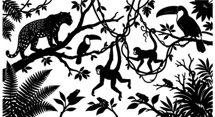 Jungle Silhouette Vector Pack: Exotic Animals, Tropical Flora, and Rainforest Elements for Wildlife and Nature Designs © MD