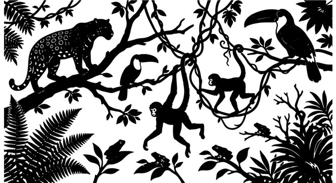 Jungle Silhouette Vector Pack: Exotic Animals, Tropical Flora, and Rainforest Elements for Wildlife and Nature Designs