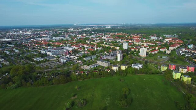 Aerial view around the old town of the city Cottbus in east Germany on a sunny spring day