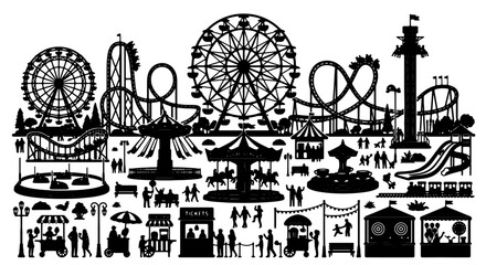 Amusement Park Silhouettes, Carnival Rides and Fairground Attractions, Vector Illustration Set for Entertainment and Leisure Themes © MD
