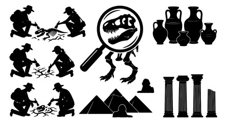 Archaeology Icons Set: Excavation, Dinosaur Fossils, Ancient Pottery, Pyramids, Columns, Silhouette Figures for Discovery and History Projects © MD