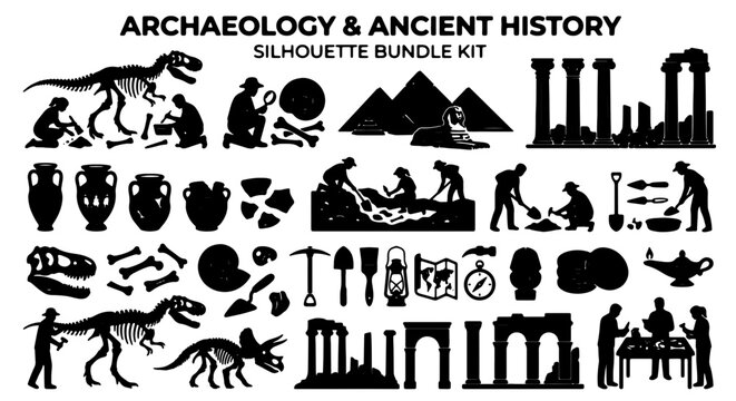 Archaeology & Ancient History Silhouette Bundle Kit: Dinosaurs, Pyramids, Artifacts, Excavation Scenes, Ancient Ruins, Tools, Fossils
