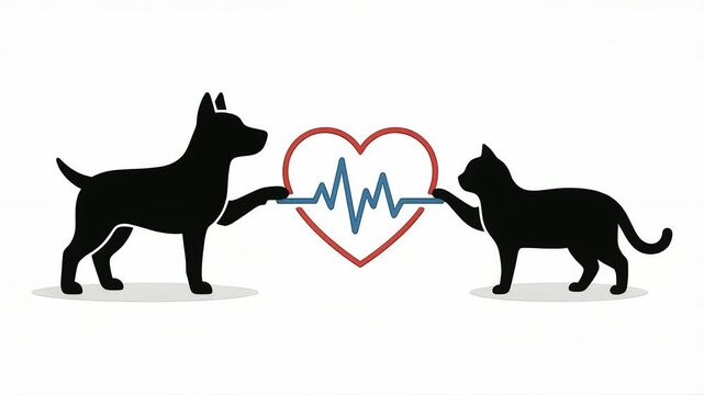 Minimalist animation of a dog and cat silhouette touching a red heart that generates a blue heartbeat pulse line, veterinary care concept, pet love illustration, animal health, veterinary medicine.