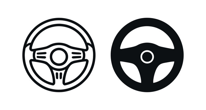 Modern car steering wheel icons outline and solid designs
