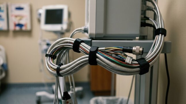 Medium shot showing shielded patient monitoring cable harnessing focusing on careful bundling and termination ensuring electromagnetic interference protection and durability.