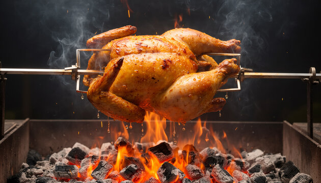 Delicious whole crispy roasted chicken cooking on a metal spit over hot open fire and glowing charcoal with thick dynamic smoke against a dark night background