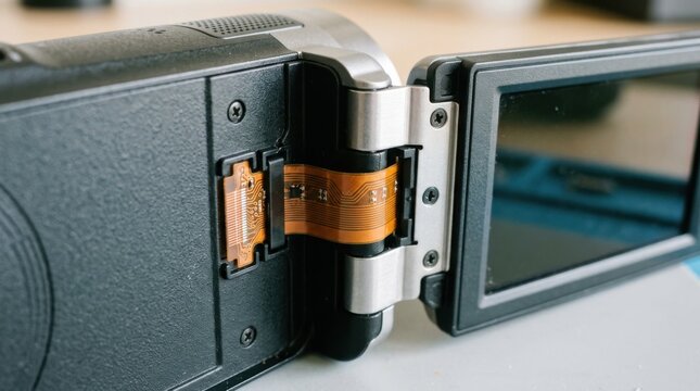 Closeup of a flexible printed circuit cable neatly routed through hinge sections in a compact video camera highlighting its seamless integration and bendability.
