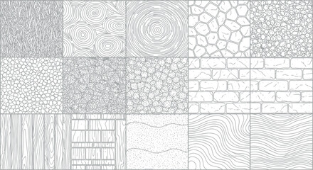 Detailed architectural texture library for site plan design featuring wood grain stone patterns and natural ground covers © HexaFrame