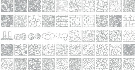 Architectural master plan symbols and texture guide featuring vegetation stones and paving patterns for landscaping © HexaFrame
