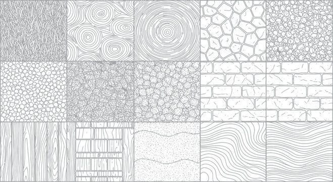 Detailed architectural texture library for site plan design featuring wood grain stone patterns and natural ground covers