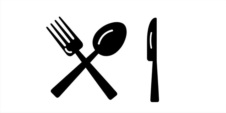 Seamless black and white pattern of cutlery, featuring minimalist illustrations of forks, knives, and spoons arranged vertically on a clean white background