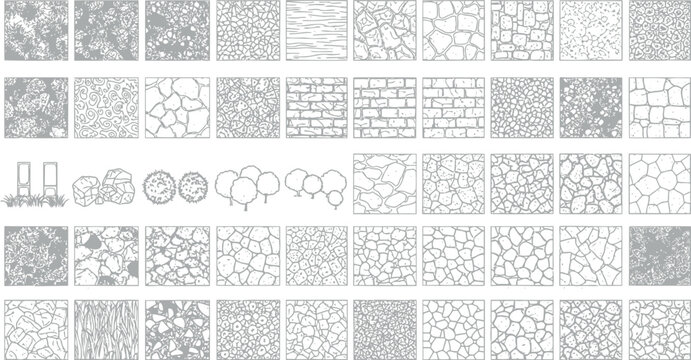 Architectural master plan symbols and texture guide featuring vegetation stones and paving patterns for landscaping