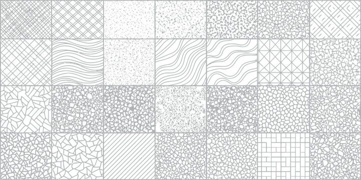Geometric architectural pattern collection for site planning featuring grid textures and abstract surface materials
