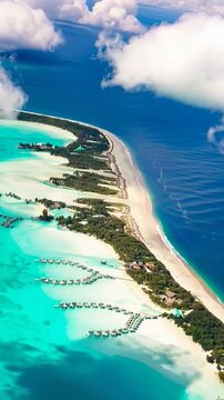 Bora Bora Island, French Polynesia. Aerial view of the island. Vertical video