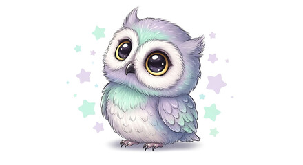 Obraz premium Cute pastel baby owl with sparkling stars isolated on a