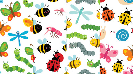 Cute cartoon insects seamless pattern background vector set featuring adorable ladybug bee butterfly dragonfly caterpillar and mosquito for kids textile wallpaper design © MdGohurul