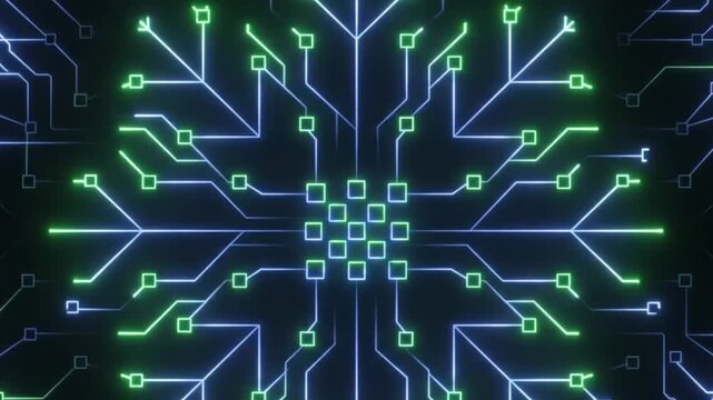 Abstract seamless looping stylized circuit board layout on a deep black background