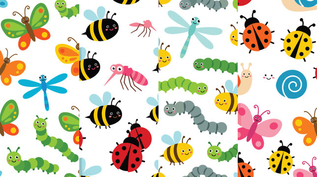 Cute cartoon insects seamless pattern background vector set featuring adorable ladybug bee butterfly dragonfly caterpillar and mosquito for kids textile wallpaper design