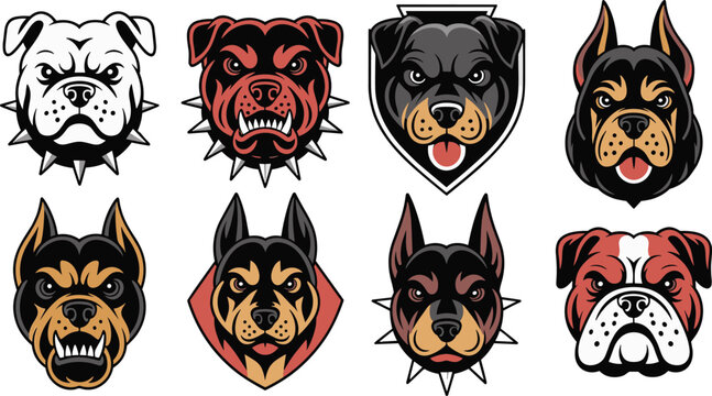 Aggressive Dog Mascot Head Vector Icon Set with Angry Bulldog Rottweiler Pitbull and Doberman Breeds for Sports Team Logos and Badges