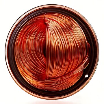 Metallic copper wire coiled tightly inside a dark circular frame