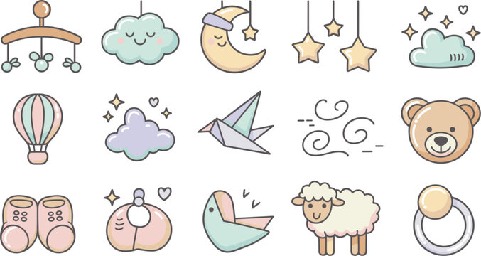 Cute Baby Nursery Pastel Icon Set with Teddy Bear Clouds Moon Stars Sheep Booties Cradle and Hot Air Balloon Vector Designs